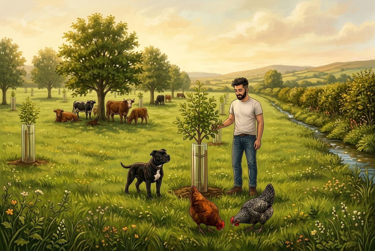Jay standing beside a young guarded tree in a green Irish pasture with widely spaced trees, cattle sheltering beneath, and Bo, Red and Grey in the grass