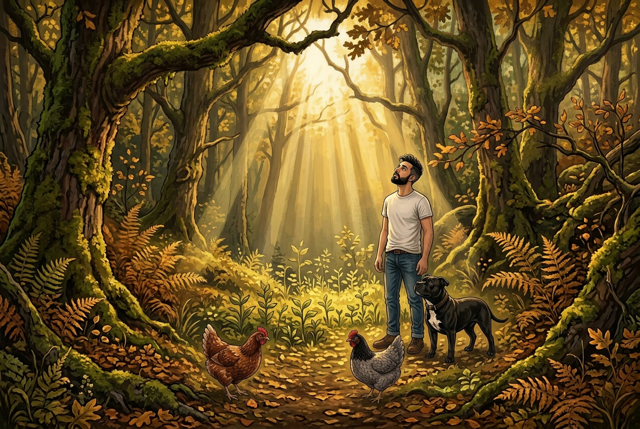 Jay, Bo, Red and Grey under a woodland canopy where light falls onto the ferns