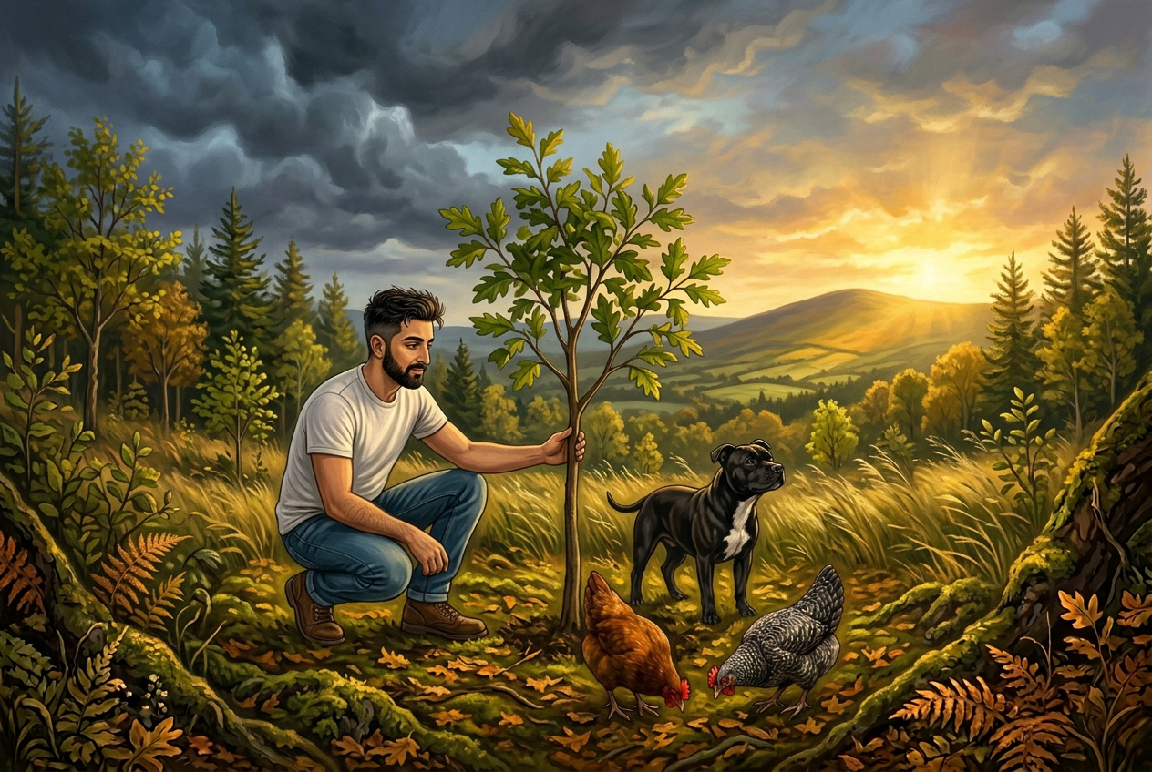Jay kneeling beside a young broadleaf sapling in a mixed young forest under a half-stormy, half-sunlit Irish sky, with Bo, Red and Grey nearby