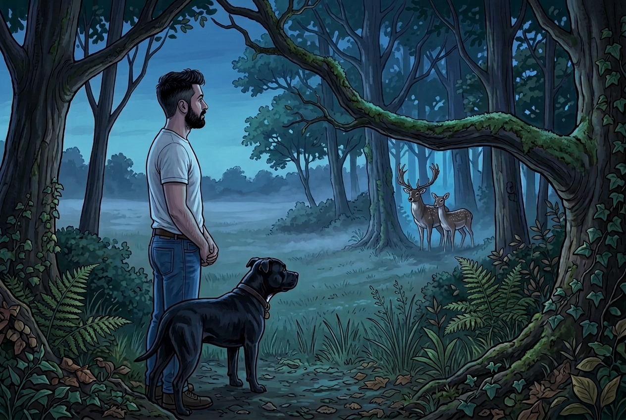 Jay and Bo standing still at the edge of a wood at dusk, watching the treeline