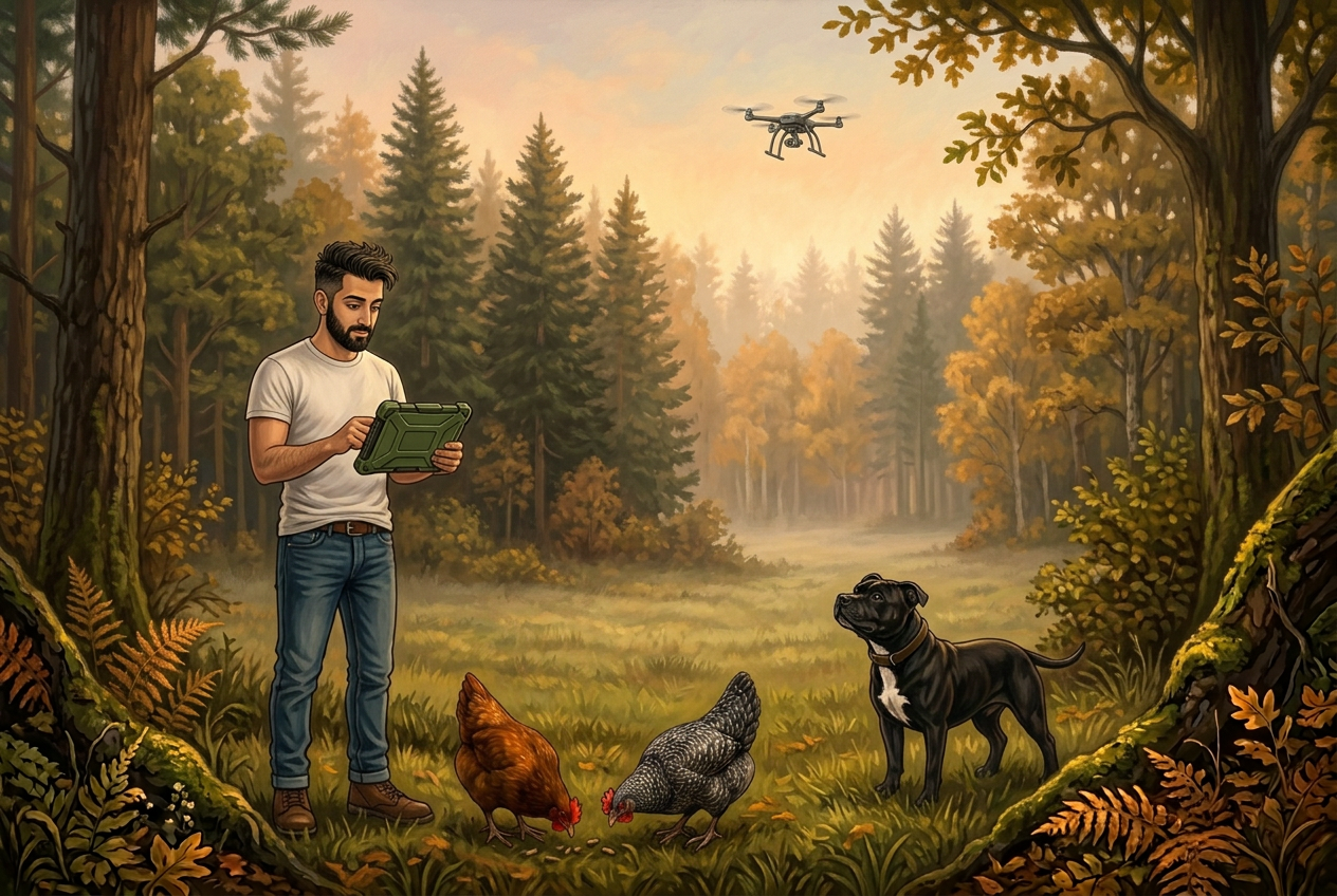 Jay holding a rugged tablet at the forest edge while a small survey drone hovers above the treetops, with Bo looking up and Red and Grey in the grass