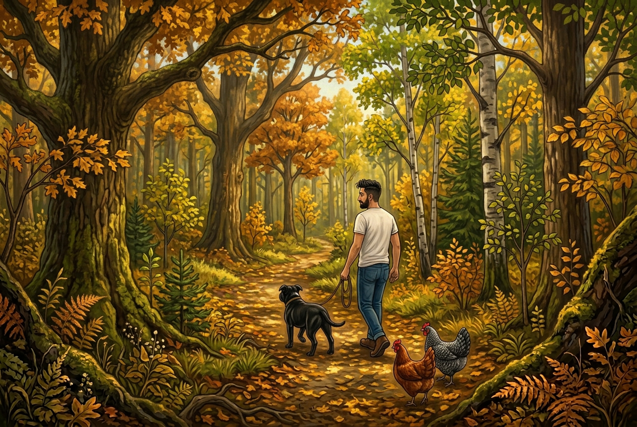 Jay and Bo walking a path through a varied mixed-age woodland of many species, with Red and Grey following in dappled autumn light