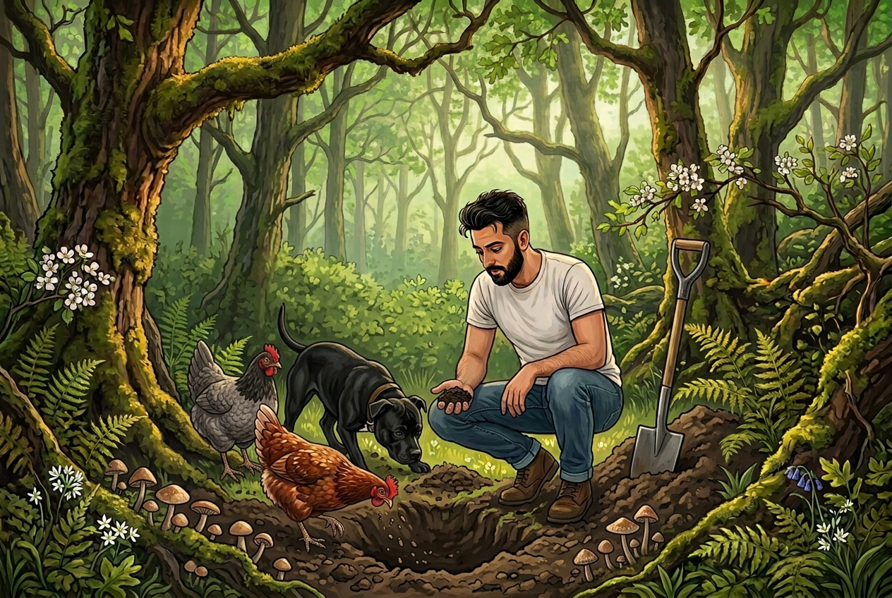 Jay crouching to examine woodland soil with Bo, Red and Grey nearby among ferns