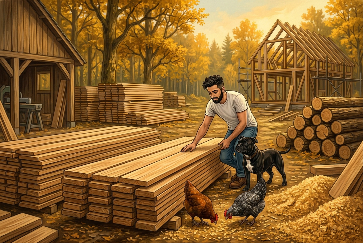 Jay running a hand along a fresh sawn plank in a timber yard beside a small sawmill, with a timber-framed building rising behind and Bo, Red and Grey among the sawdust