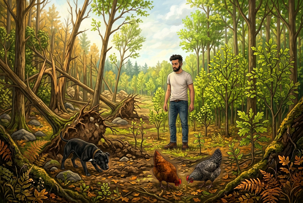 Jay inspecting a young forest with wind-thrown stems on one side and healthy regenerating trees on the other, Bo sniffing a root plate and Red and Grey scratching in the soil