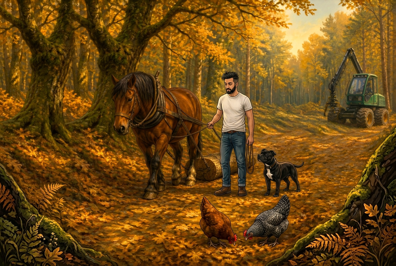 Jay leads a working horse pulling a log through an autumn woodland while Bo, Red and Grey watch, and a modern harvester waits on a forest road