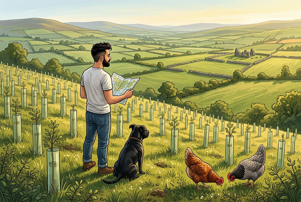 Jay checking young trees with Bo, Red and Grey, field boundaries beyond in morning light