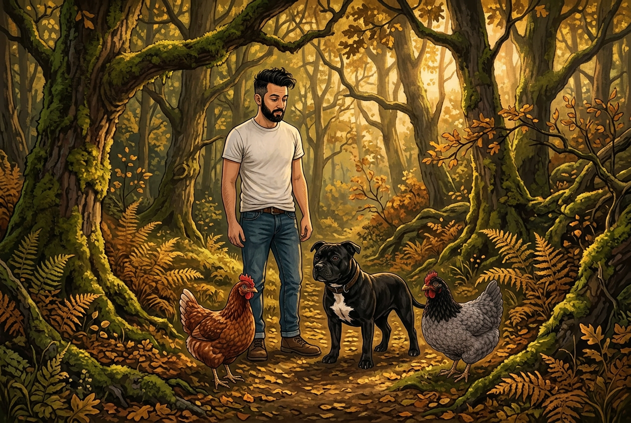 Jay, Bo, Red and Grey standing on a woodland path among mossy oaks and ferns in autumn light