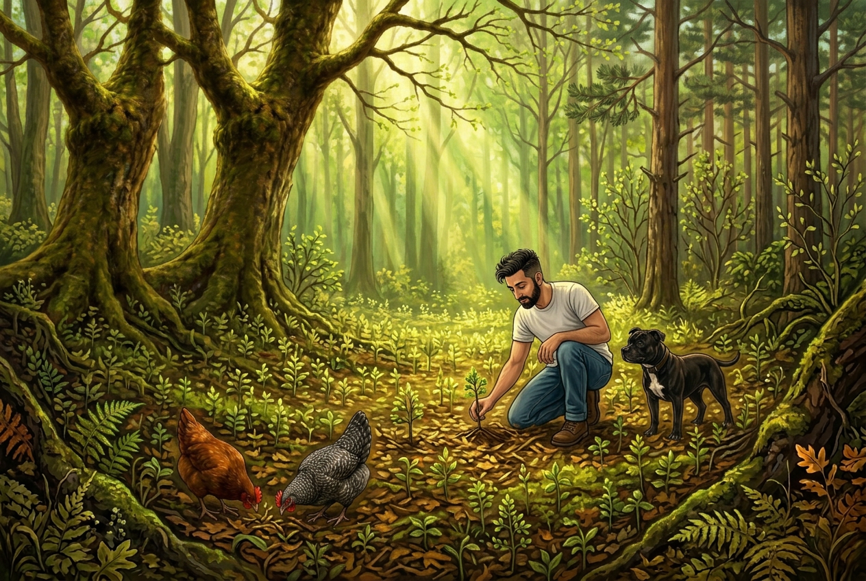 Jay kneeling to look at a tiny seedling in a sunlit canopy gap thick with natural regeneration, with Bo watching and Red and Grey scratching in the leaf litter