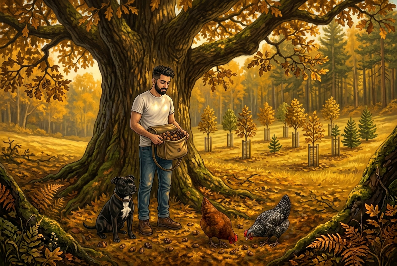 Jay holding an open canvas bag of acorns and cones beneath a great old oak, with a young seed orchard behind and Bo, Red and Grey around his feet