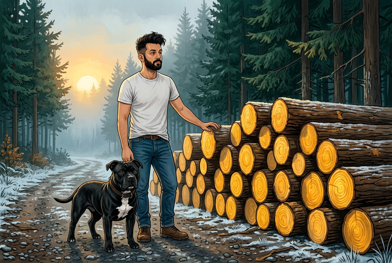 Jay and Bo beside a stack of freshly cut timber on a misty winter forest road