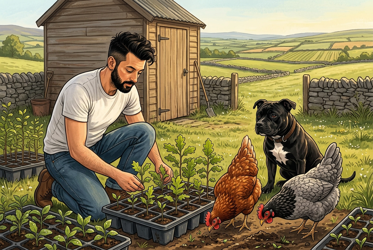 Jay kneeling over trays of oak seedlings with Bo watching and Red and Grey inspecting the soil