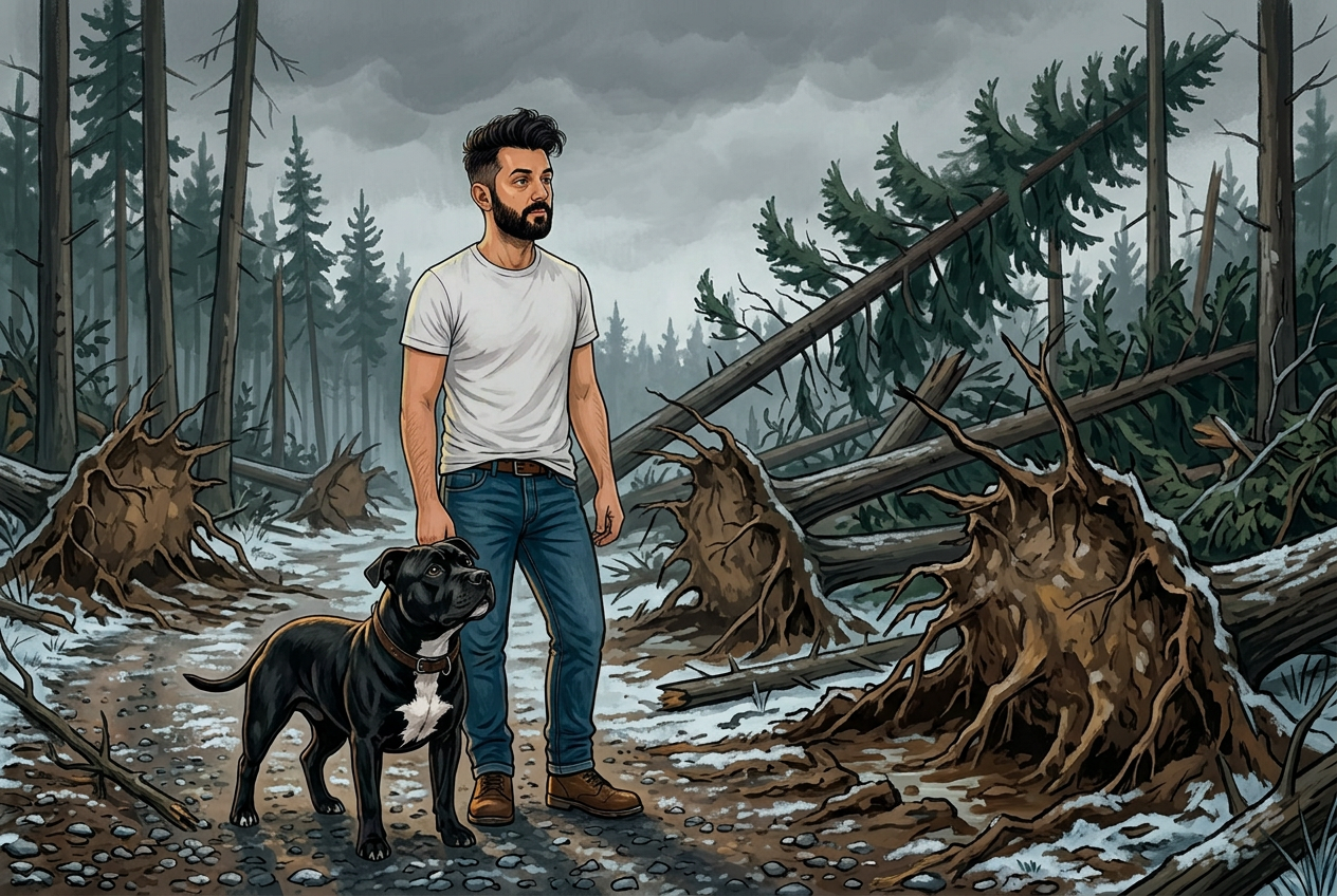 Jay and Bo on a forest road beside stacked timber after winter storms
