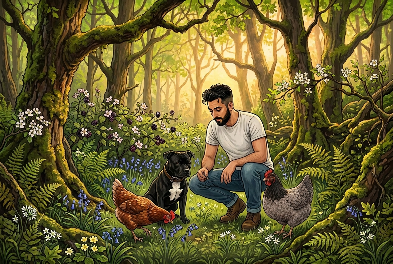 Jay crouching among bluebells and ferns at a woodland edge with Bo, Red and Grey beside him